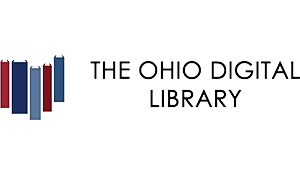 Books lined up, spines out, in the shape of Ohio. The caption reads The Ohio Digital Library