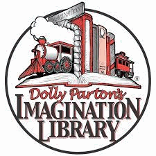 Books with train bookends holding them up, balanced on an open book. The caption reads Dolly Parton's Imagination Library