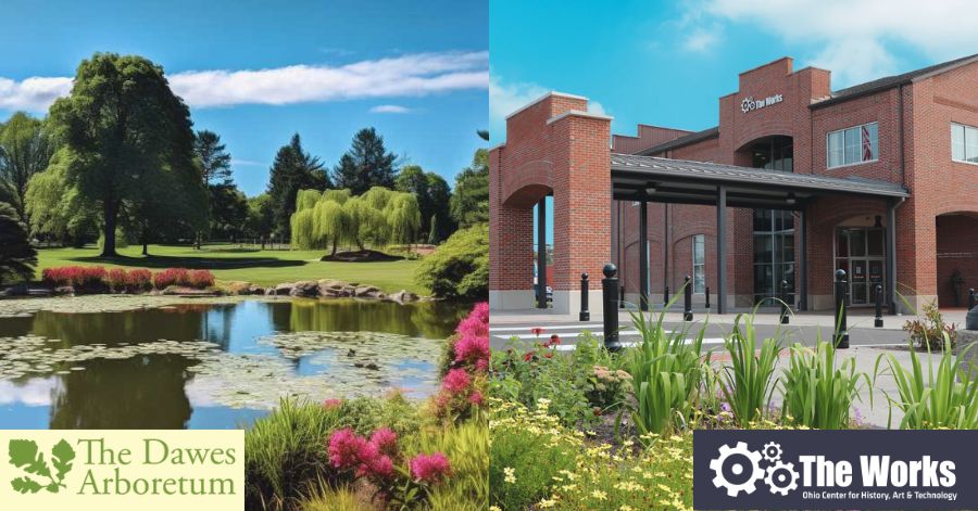 Colorful image showing the Dawes Arboretum on the left and the Works Museum exterior on the right